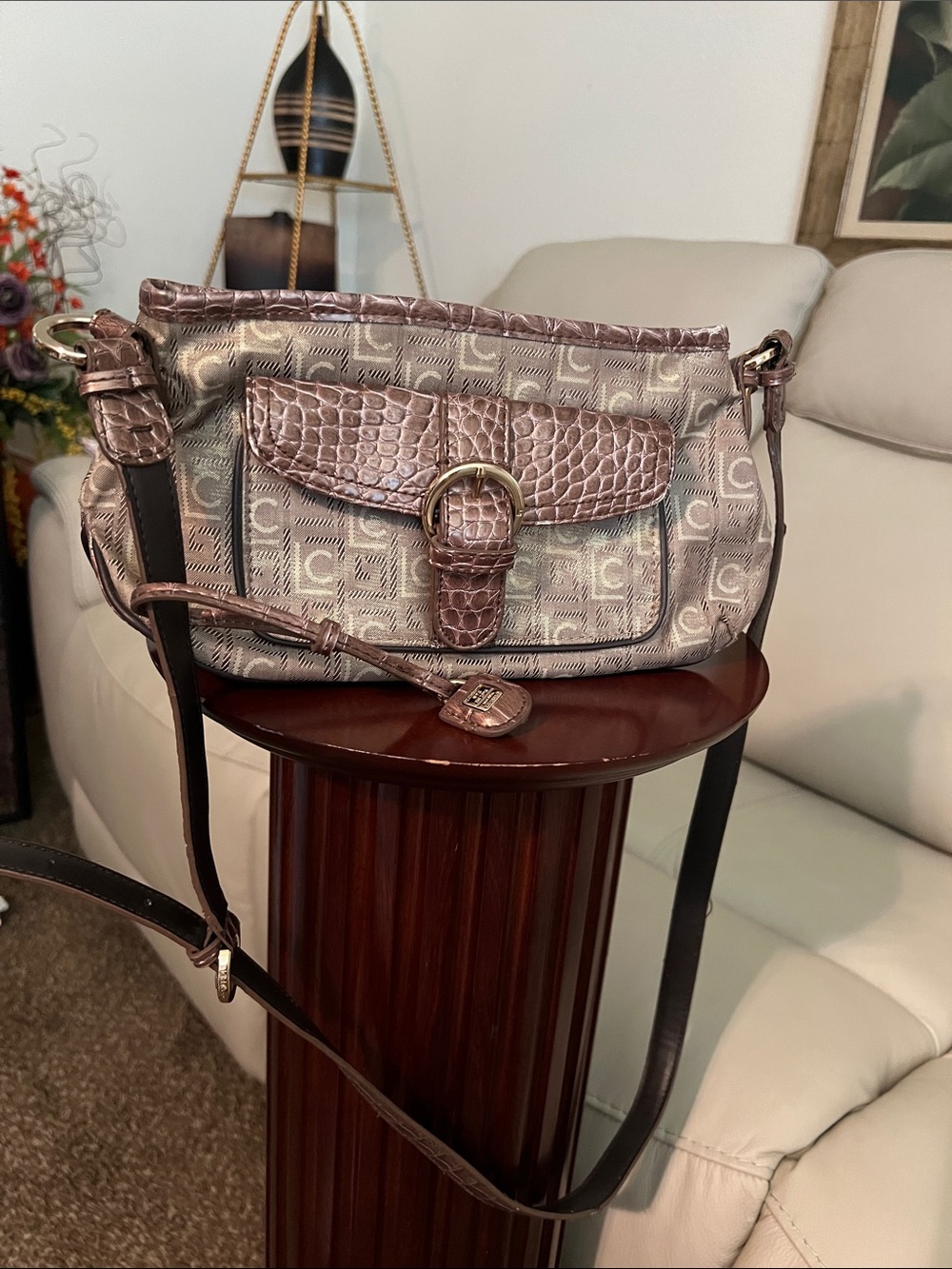 Liz Claiborne Metallic Taupe & Brown Croc-Accent Monogram Crossbody